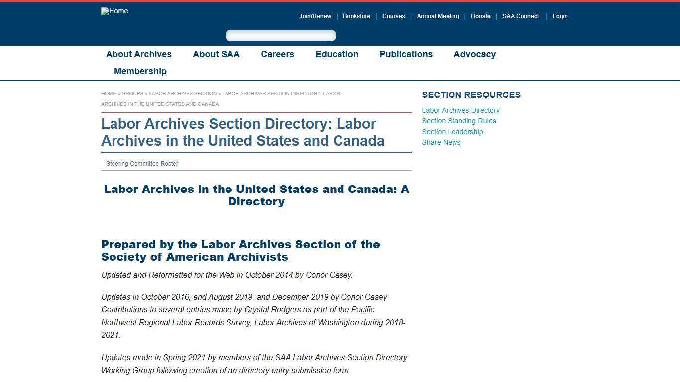 Labor Archives Section Directory: Labor Archives in the United States and Canada | Society of American Archivists